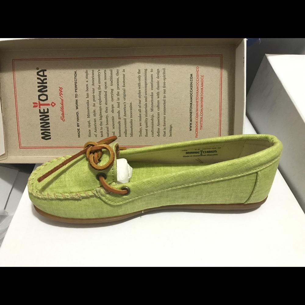 MINNETONKA CANVAS LIME MOCCASINS PRICE IS FIRM