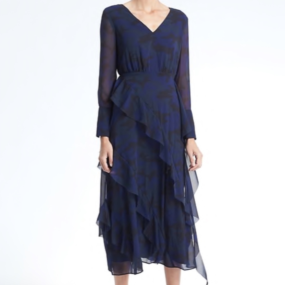 Banana Republic Camo-Print Bias-Ruffle Midi Dress