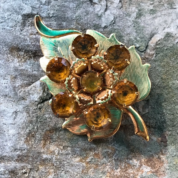 VTG Citrine Color Rhinestone Leaf Pin - Picture 5 of 8