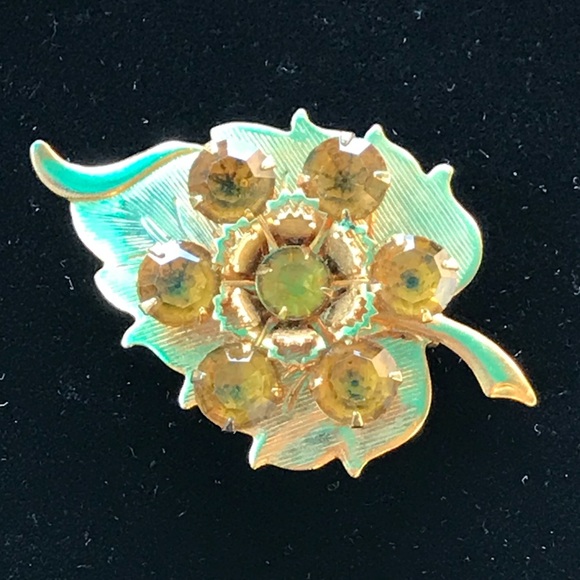 VTG Citrine Color Rhinestone Leaf Pin - Picture 7 of 8