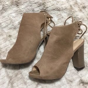 Suede Khaki Open Toe Lace Back Ankle Boots Size 8