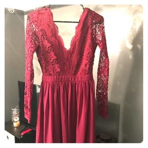 Maroon long sleeve lace, floor length dress