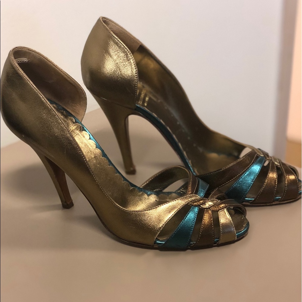 Moschino Gorgeous Gold and Teal Heels
