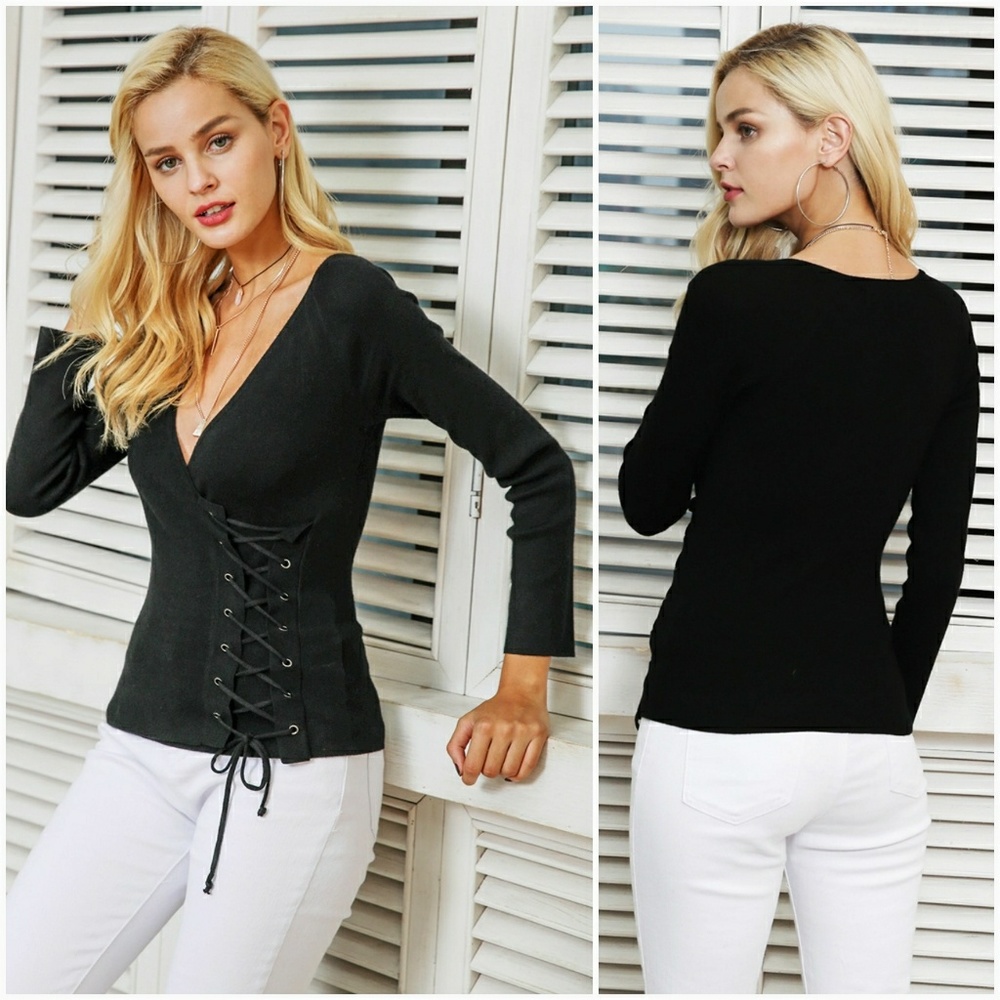 Black Long Sleeve Side Lace Up Top