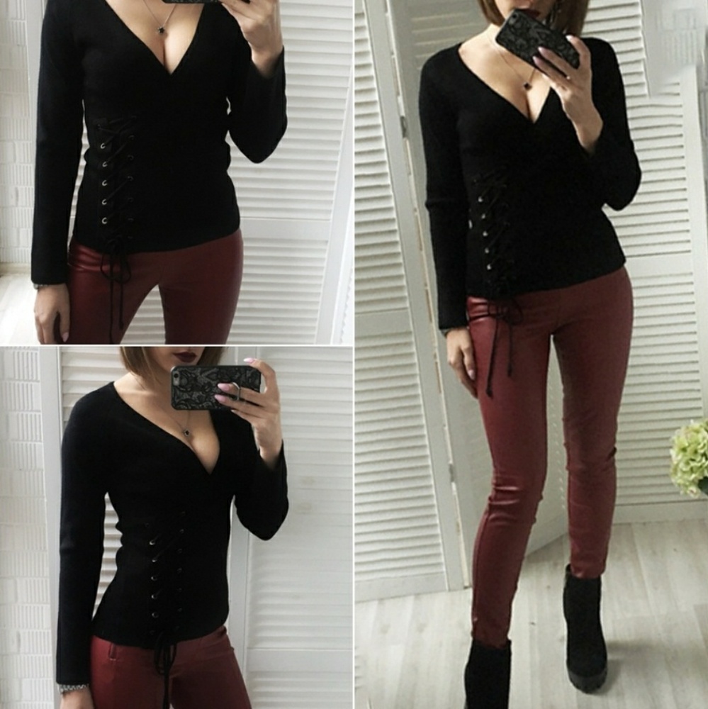 Black Long Sleeve Side Lace Up Top - Picture 3 of 5