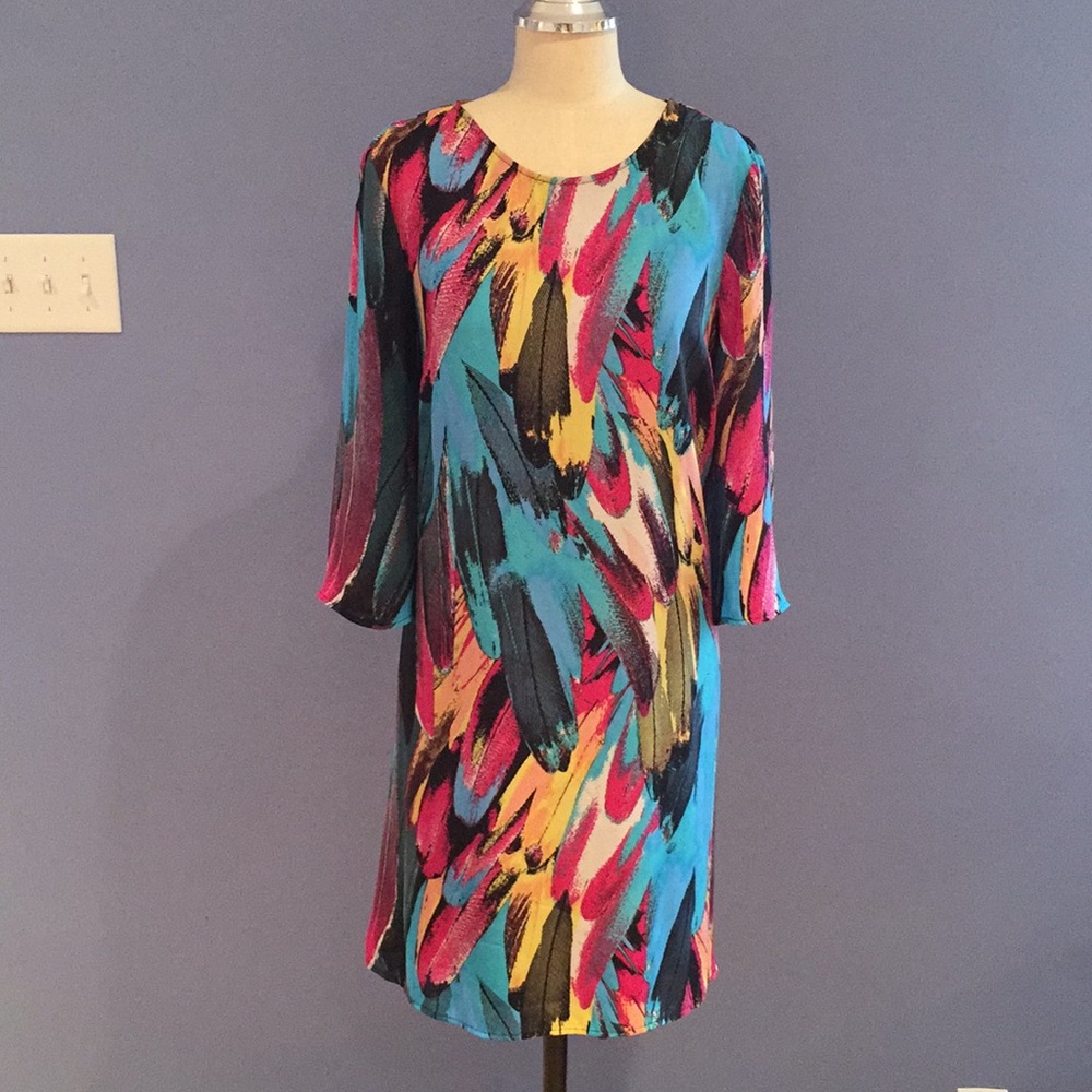 Shift Dress Turquoise Multi-Color Feathers Size L