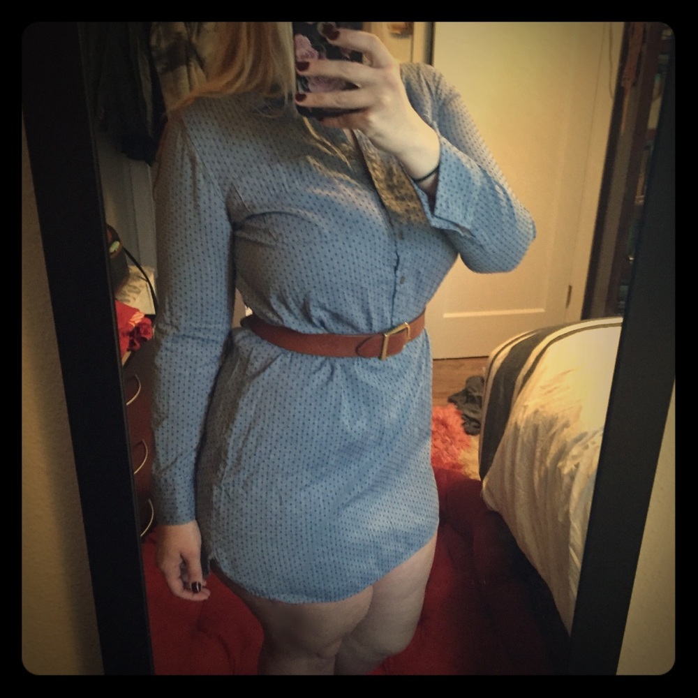 Blue shirt dress with dainty polka dot detailing!