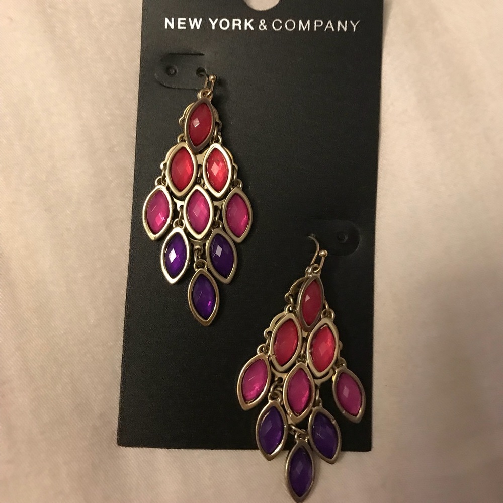 Gold Earrings with fuchsia and purple stones.