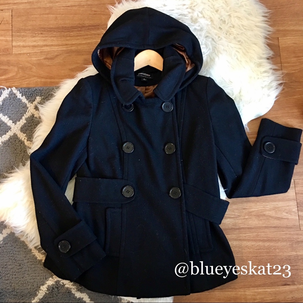 Black Pea Coat with Detachable Hood