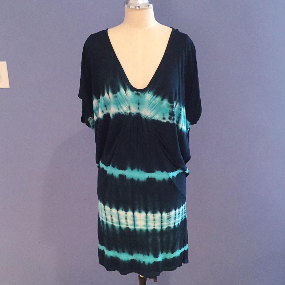 Teal Tie Dye Mini Dress Boho Hippy Soft Size L