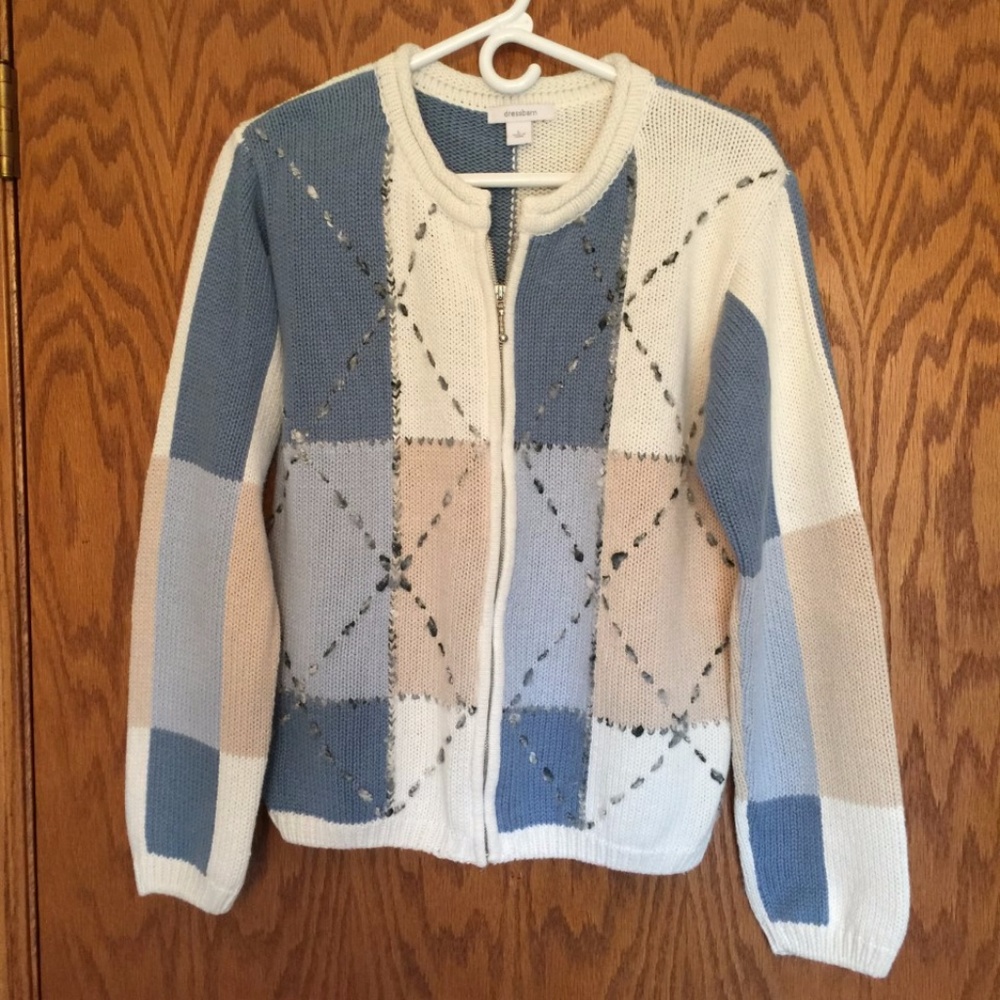 DRESS BARN ZIPPER UP BLUE/BEIGE COLORBLOCK SWEATER