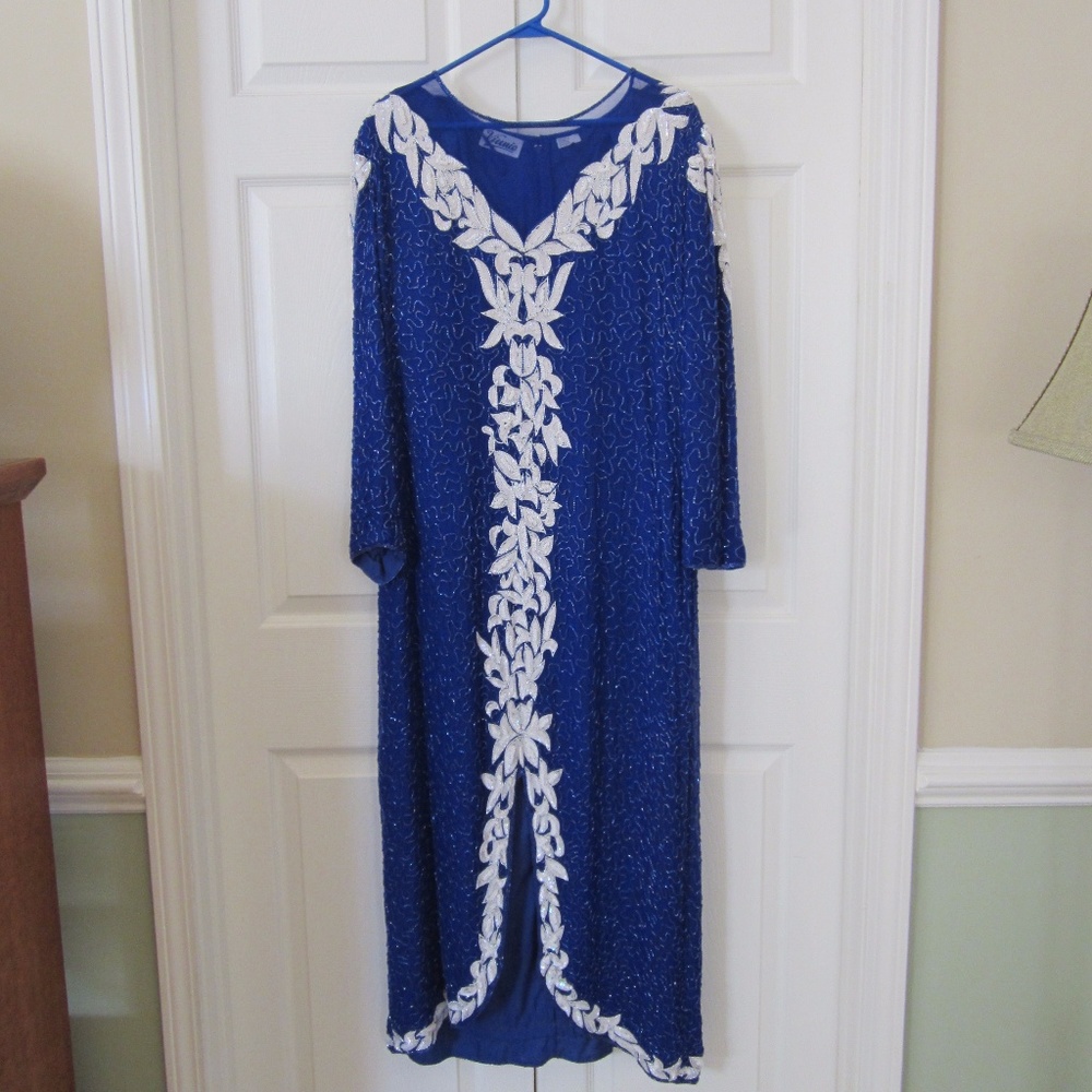 Vintage Cobalt Blue/White Beaded Maxi dress XL WOW