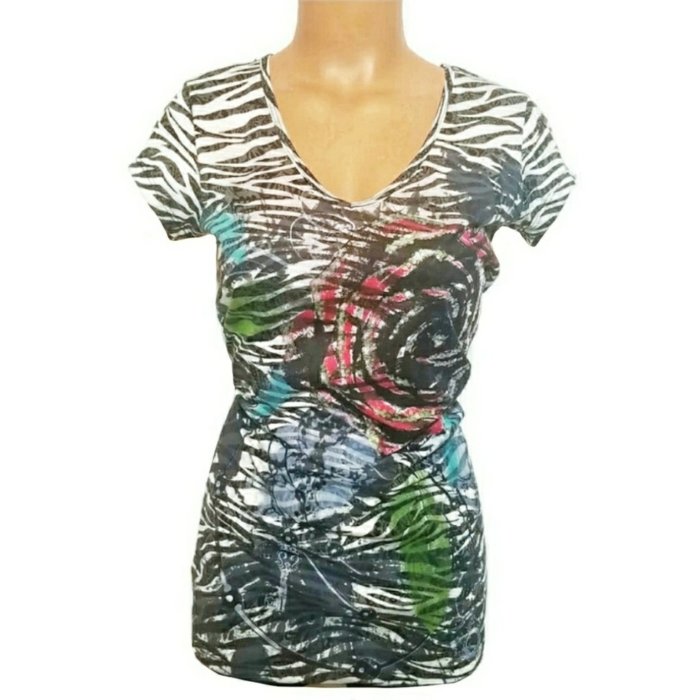 Mandee Sequin Zebra Rose V-Neck Tunic Top Medium