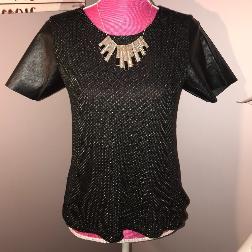 Blossom & Clover Black Knit Leather Sleeve Blouse