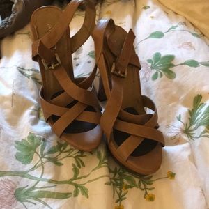 Tan and wood platform heels