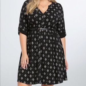Black knit button front belted shirt dress
