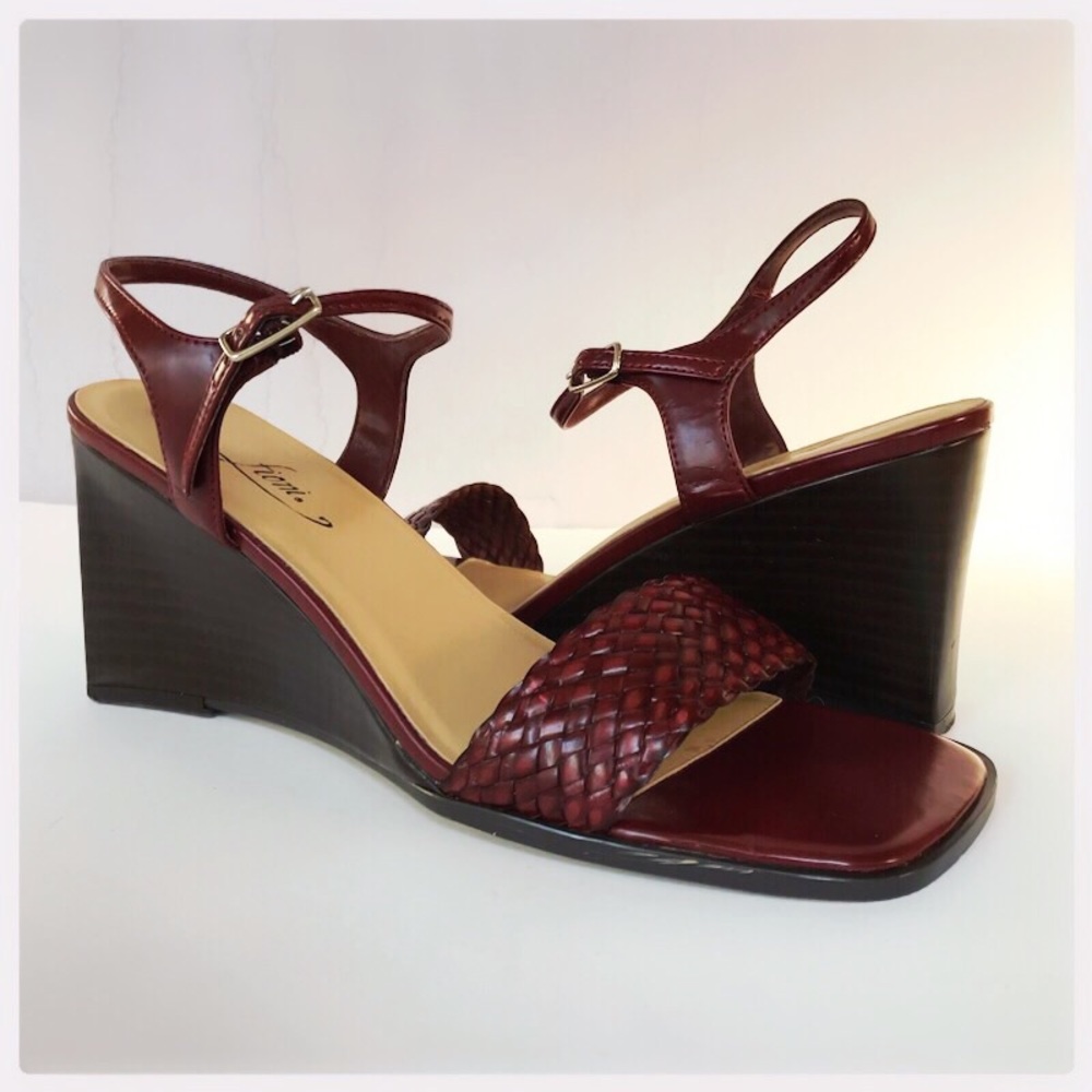 Fioni Wedge Sandals Red Ankle Strap Braided Design