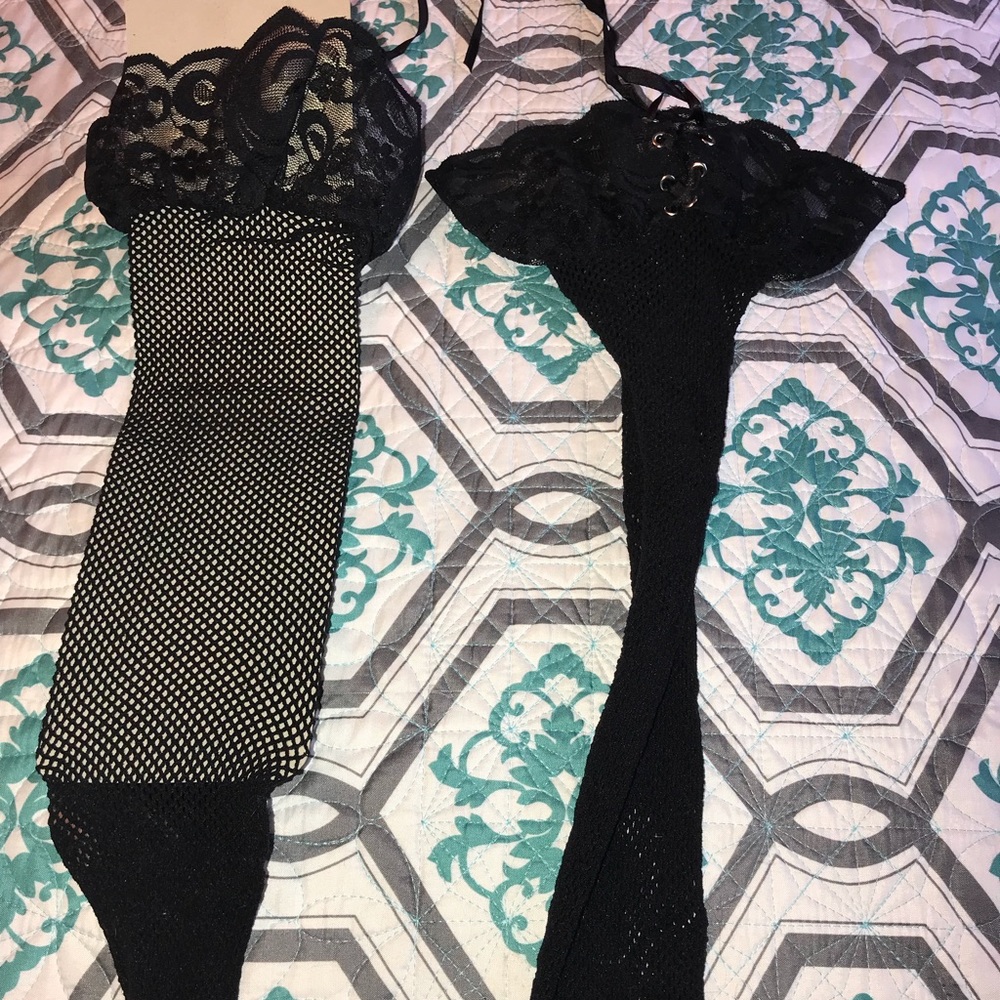 Fishnet lace up thigh highs