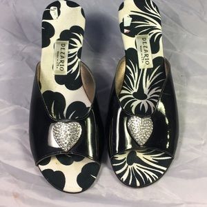 Dezario black patent rhinestone heart slides heels