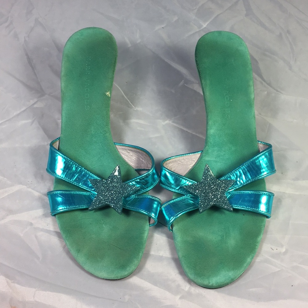 Marc Jacobs blue teal  star heels sandals glitter
