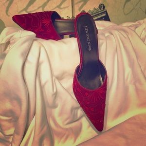 Red Satin Beaded Mules - Size 8
