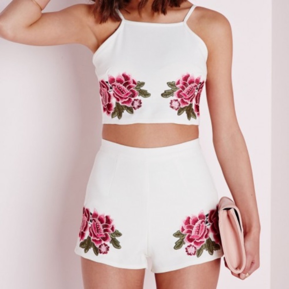Embroidered Rose Crop Top/ & Tailored Shorts