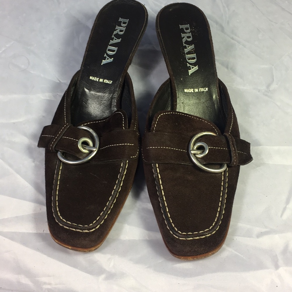 Prada 8 brown suede mules heels clogs buckle slide