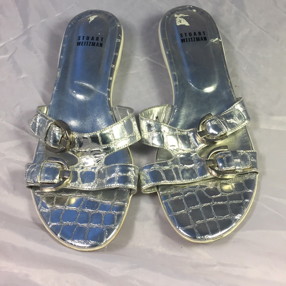Stuart Weitzman silver alligator embossed sandals