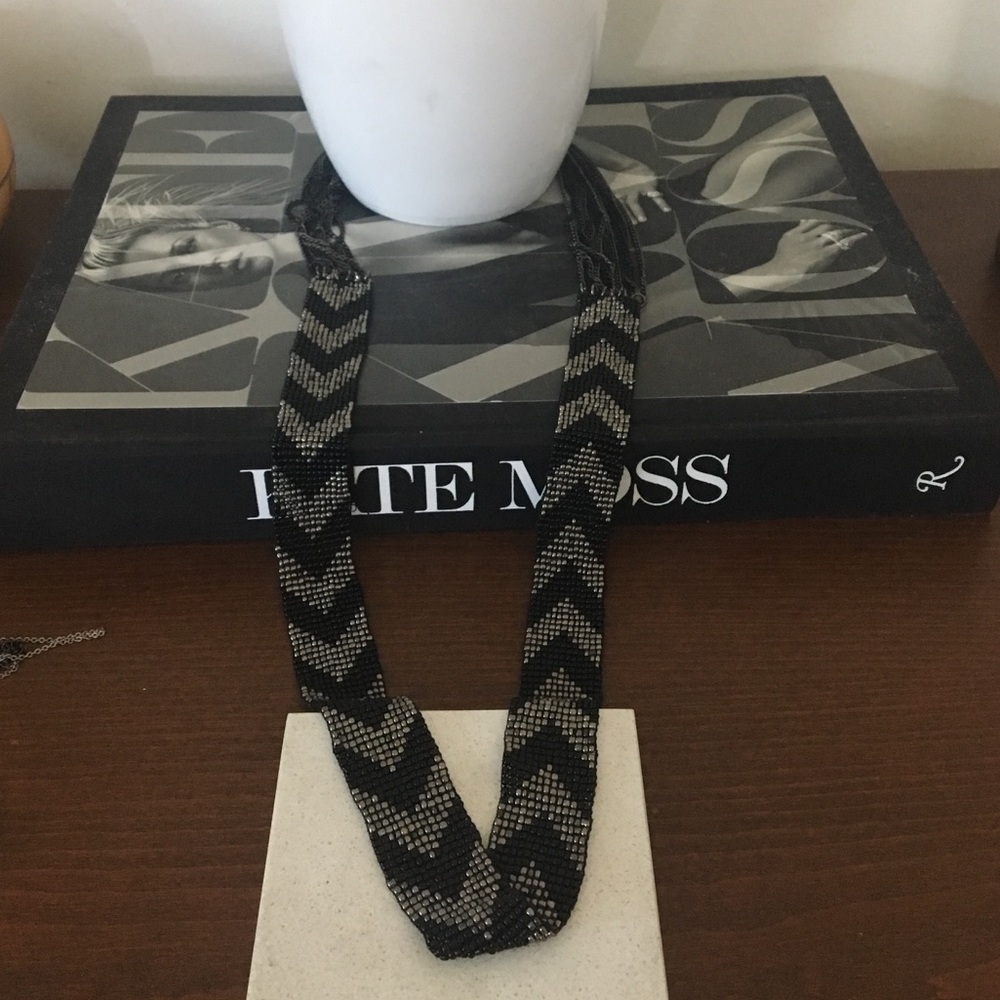 Black and silver / dark silver grey long necklace