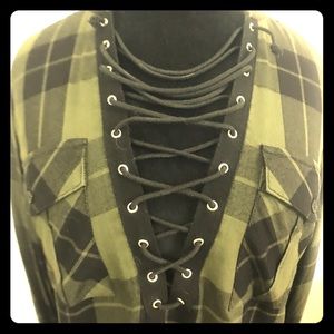 Express Green and black plaid top