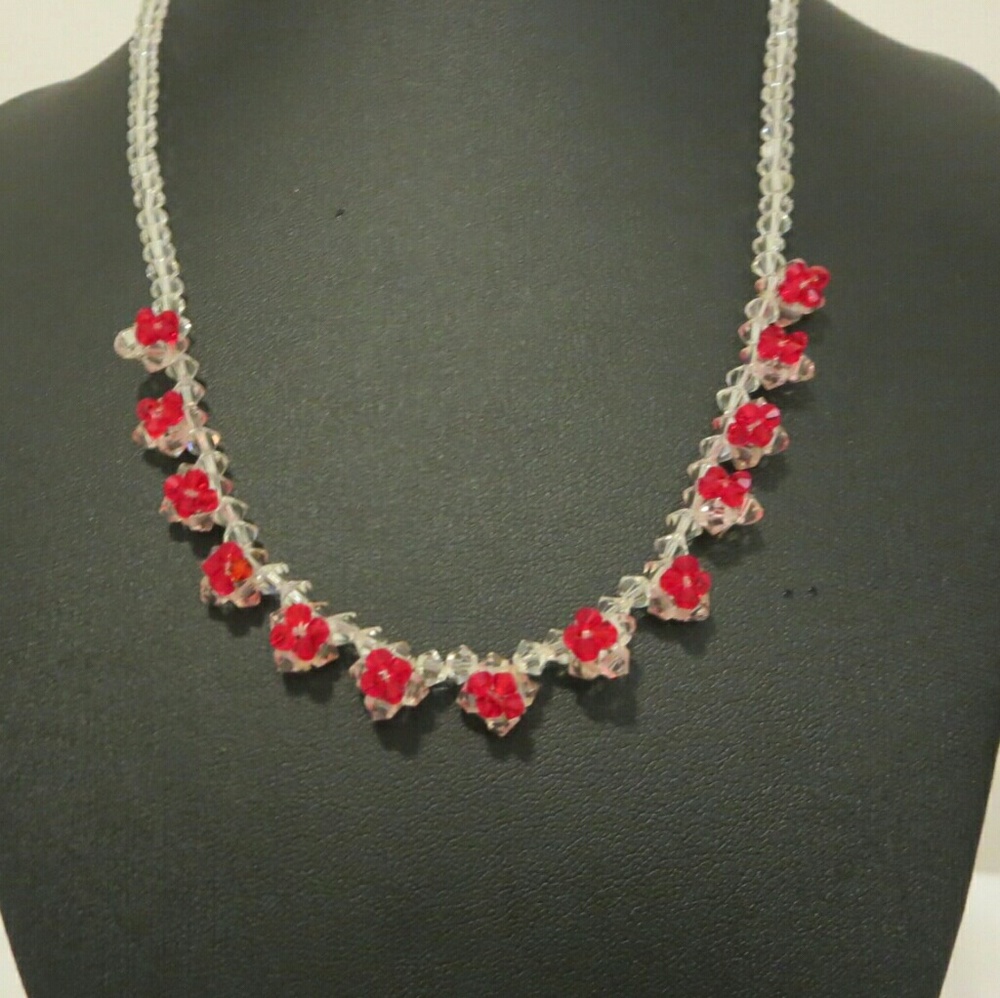 Handmade Transparent & Red Flower Necklace
