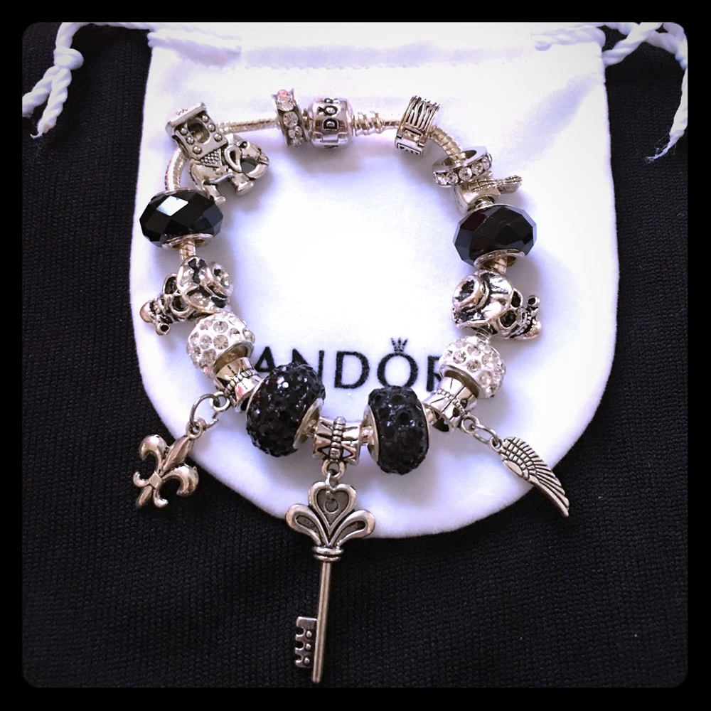 Pandora Engraved Bracelet with charms and pouch