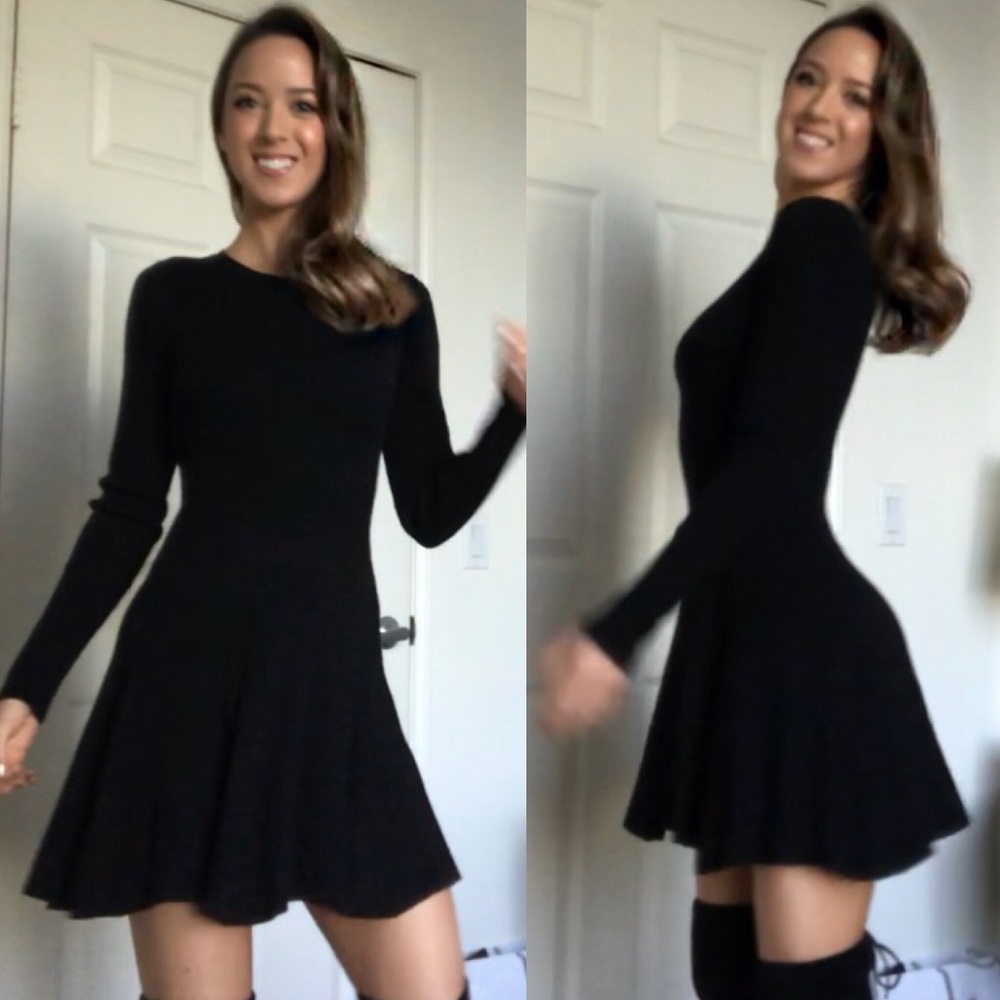 Black Long-Sleeved Ribbed Swing Dress