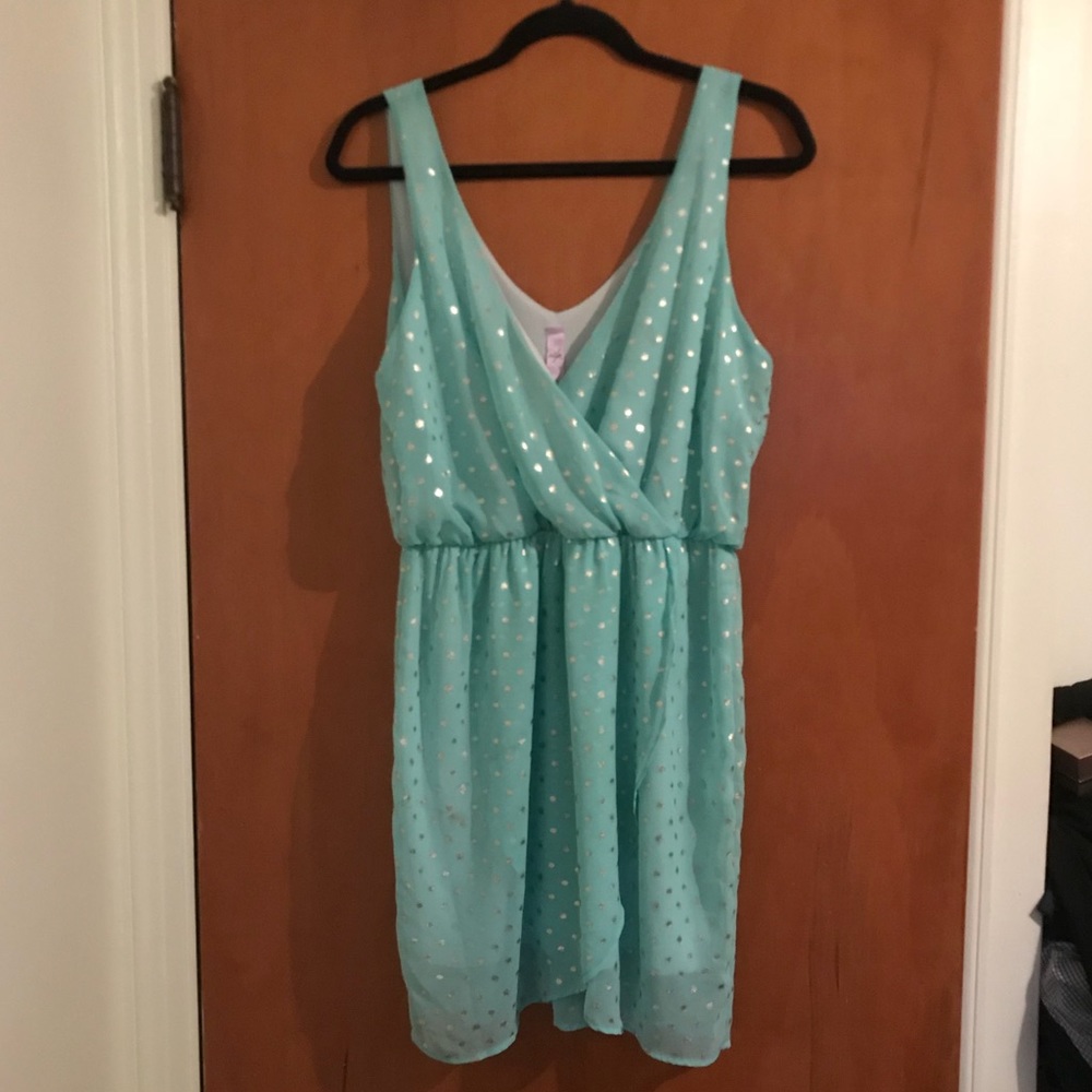 Let Blue w/ Gold Dots Francesca’s tank wrap dress