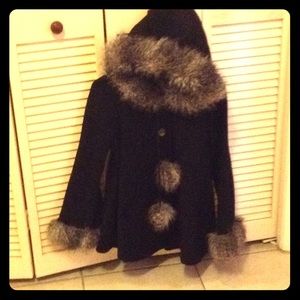 NWOT Guess wool Jacket w faux fur trim and Pompoms