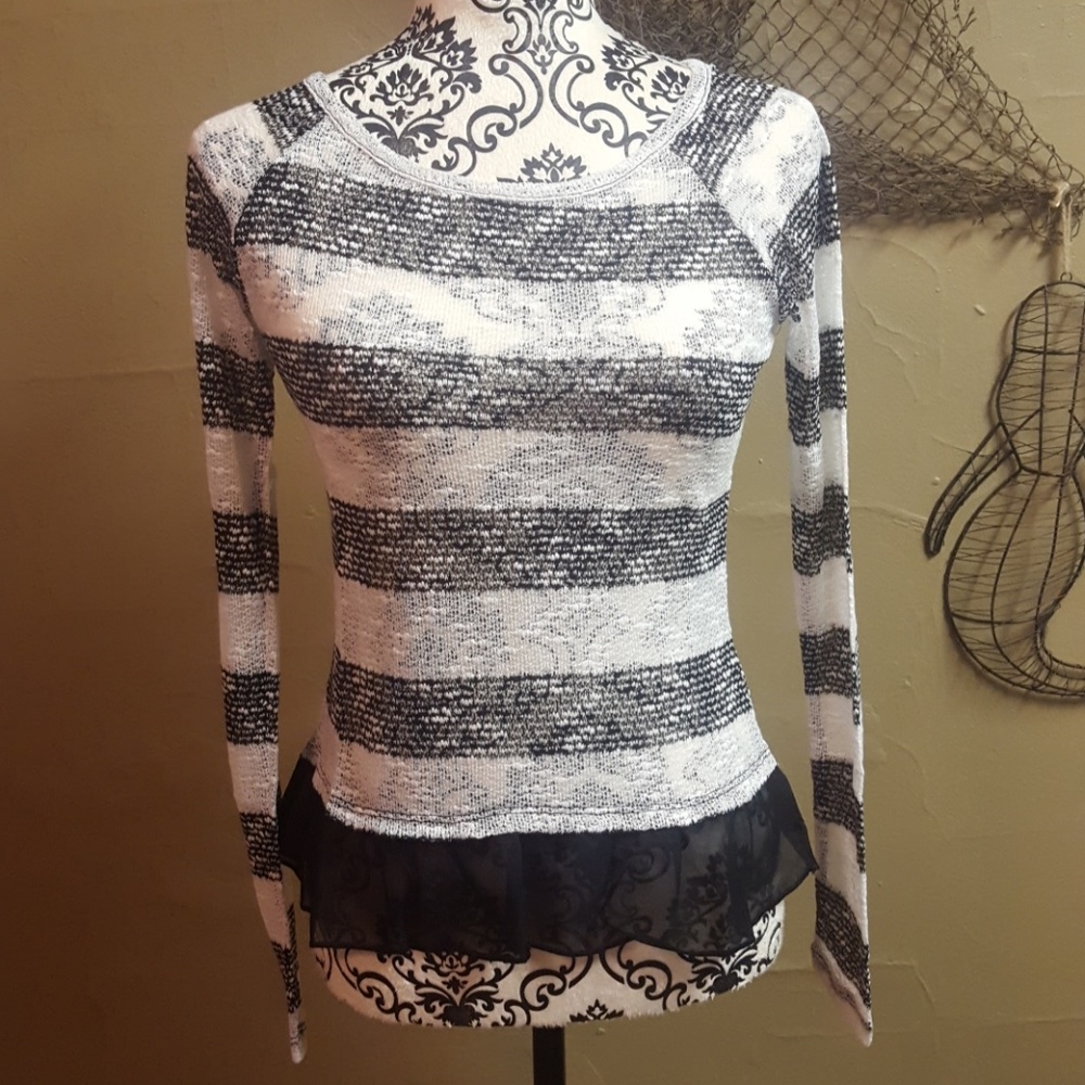 Black and White Ruffle Trim Sweater