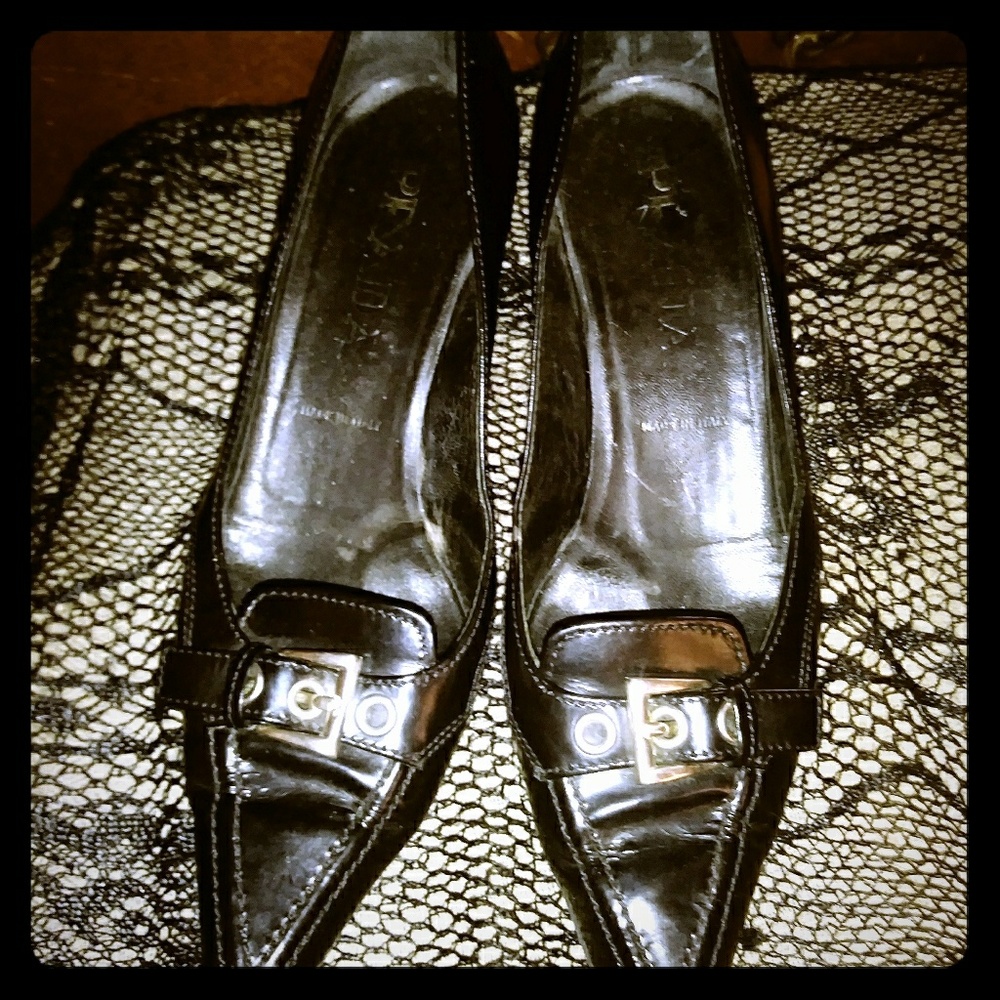 Prada italian leather silver buckle pointed heel