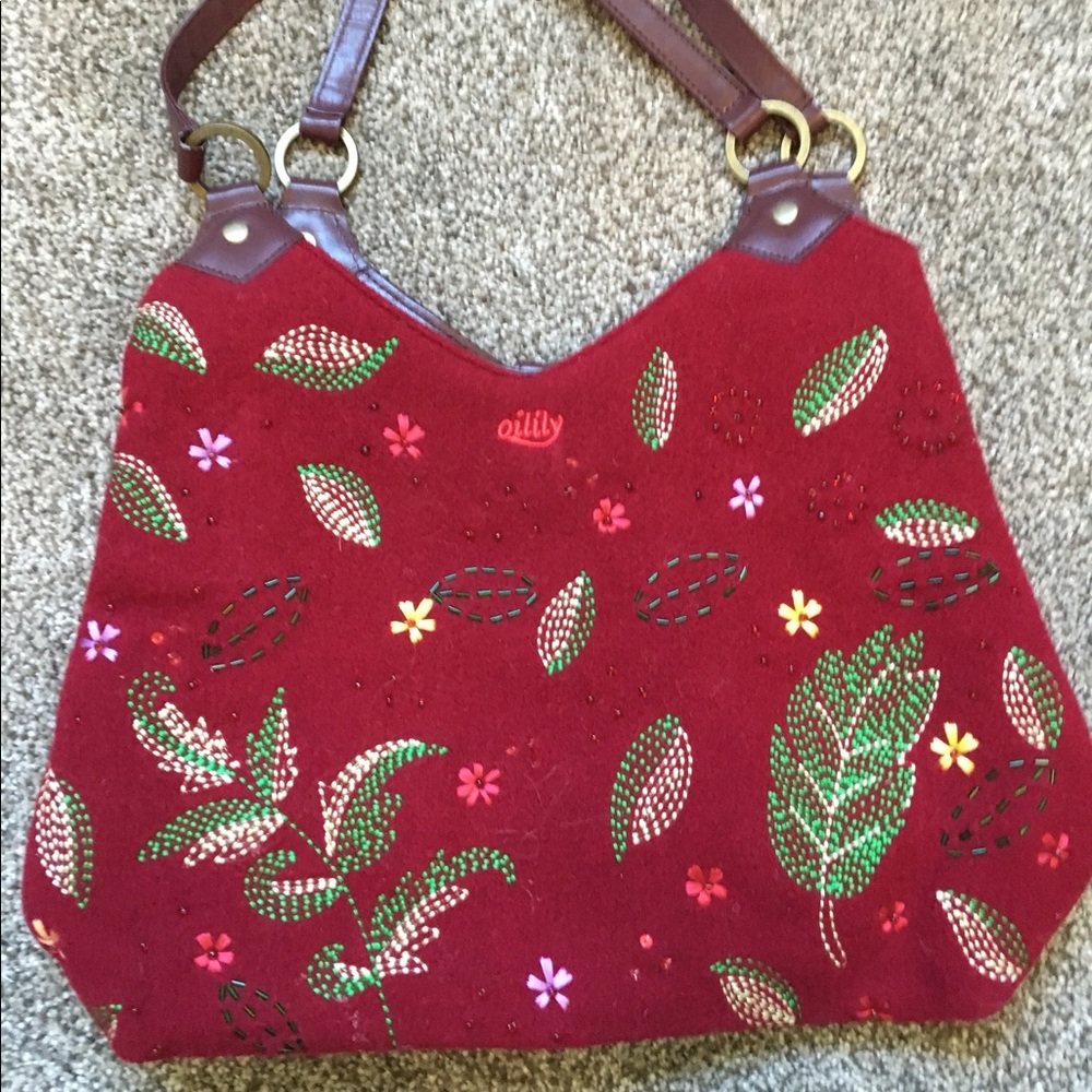 Red Embellished Wool Oilily Handbag