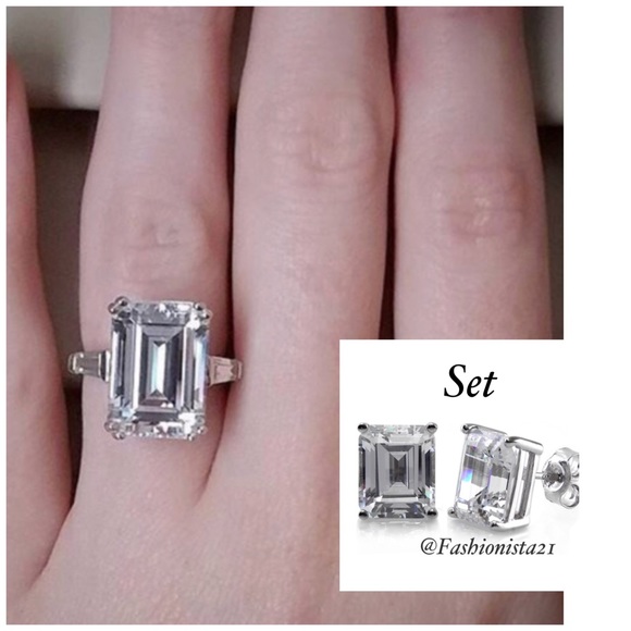 Fashionista21 Jewelry - Diamond CZ Solitaire Emerald Cut Earrings Ring Set