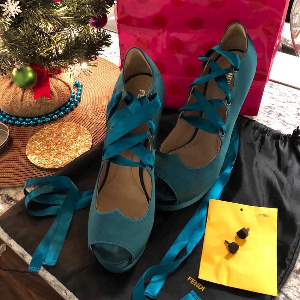 Fendi Teal Lace-Up Heels