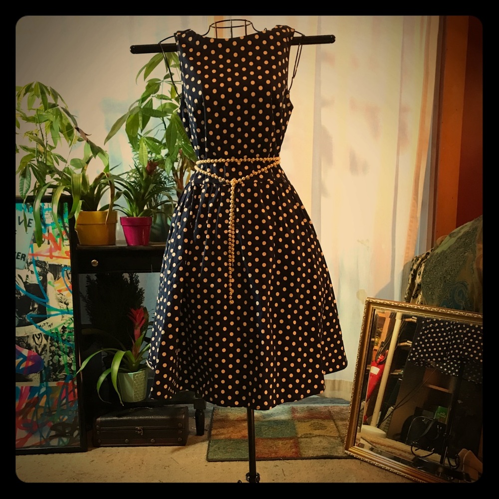 NWOT Sleeveless Navy Polka Dot Dress