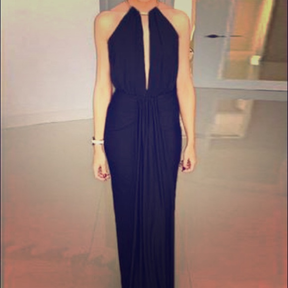 Elegant floor length black dress with gold detail