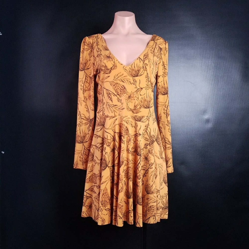 Yellow Mustard floral print dress with lace back