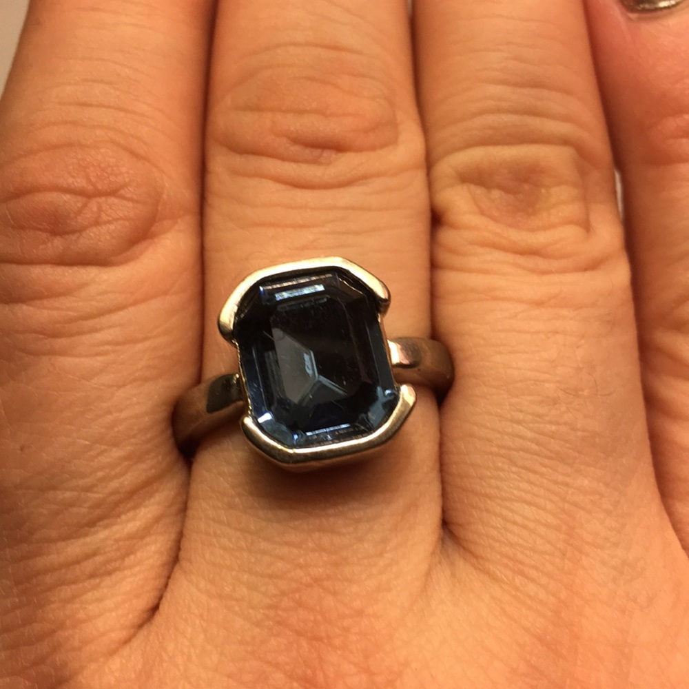 Blue Faceted Glass Ring with Silver Metal Setting