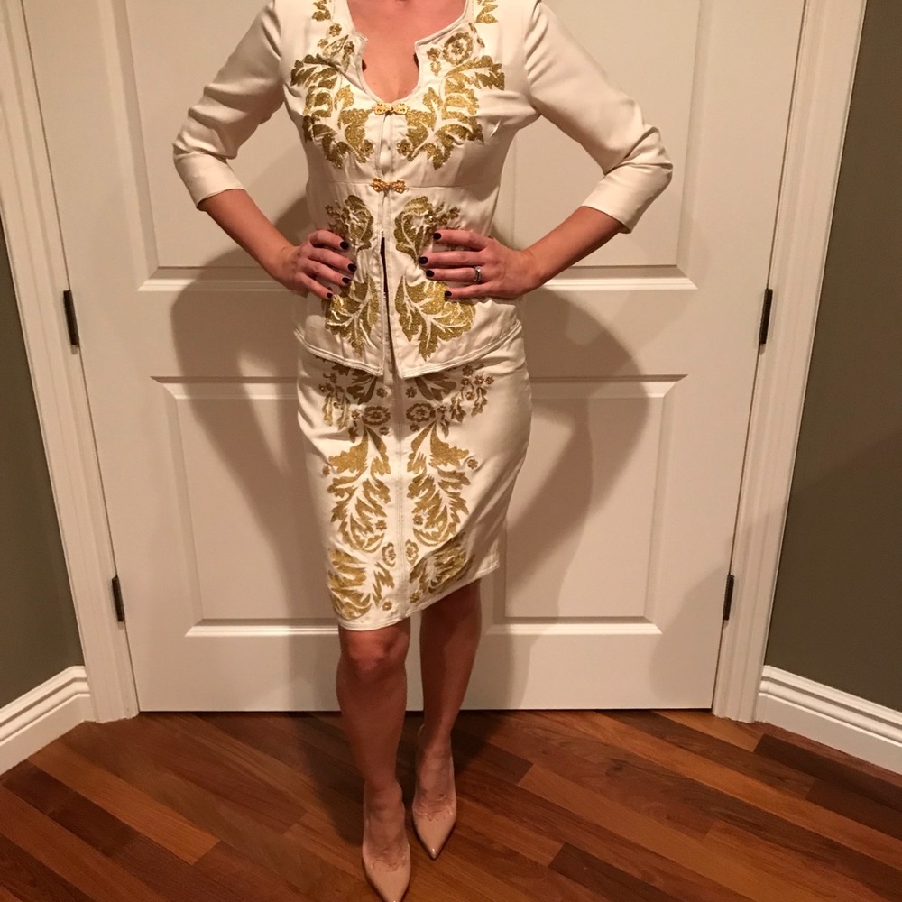 100% silk cream&gold skirt suit by Tracy Reese.