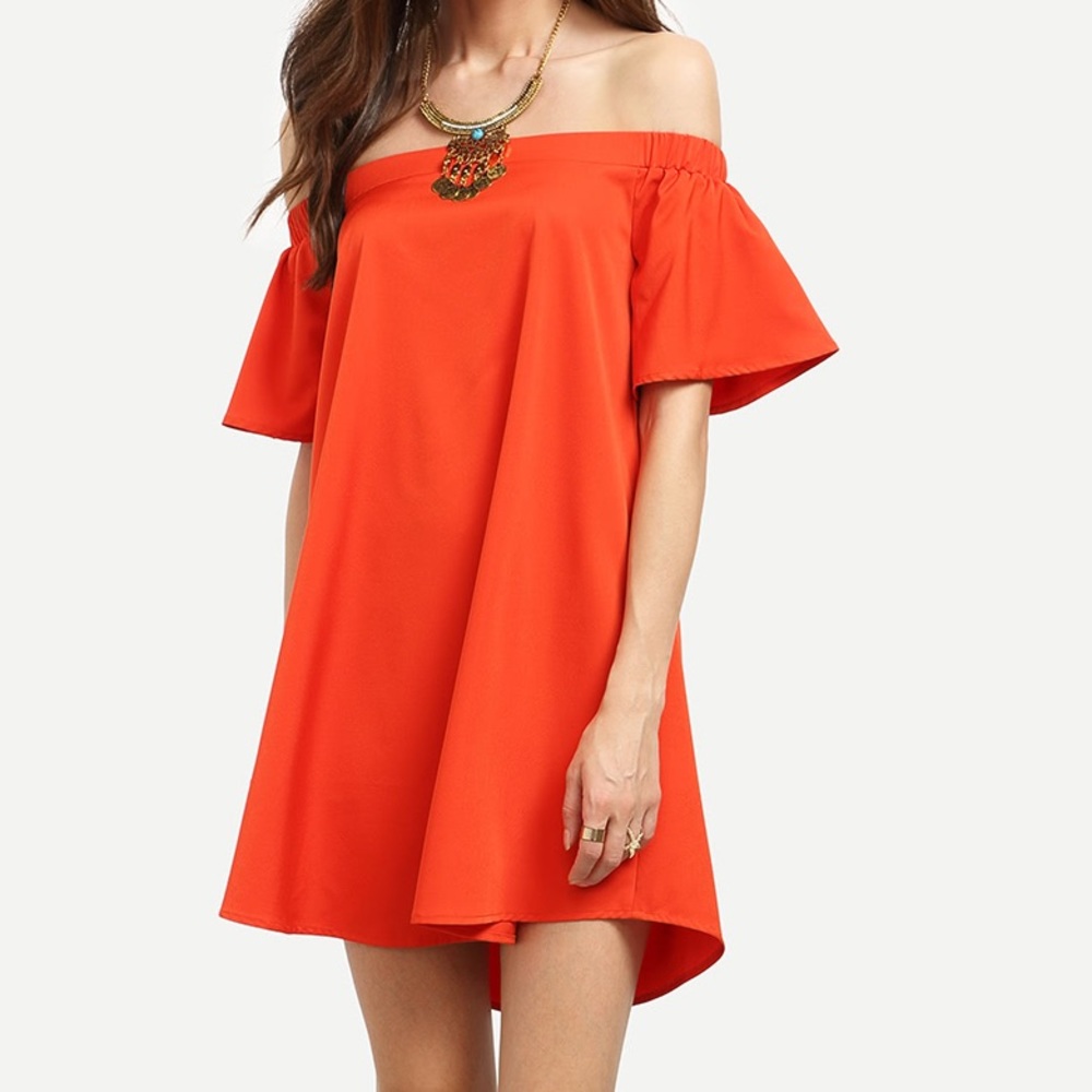 Silky like dress off the shoulder orange