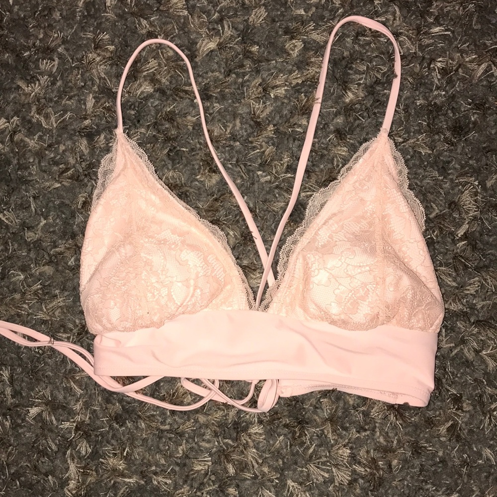 salmon, pink lace bikini top with black bottoms!