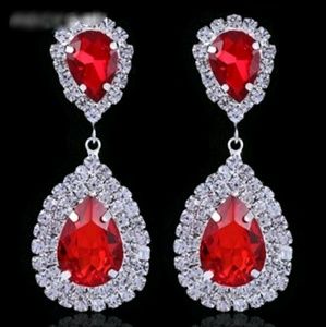 Red crystal long drop earrings