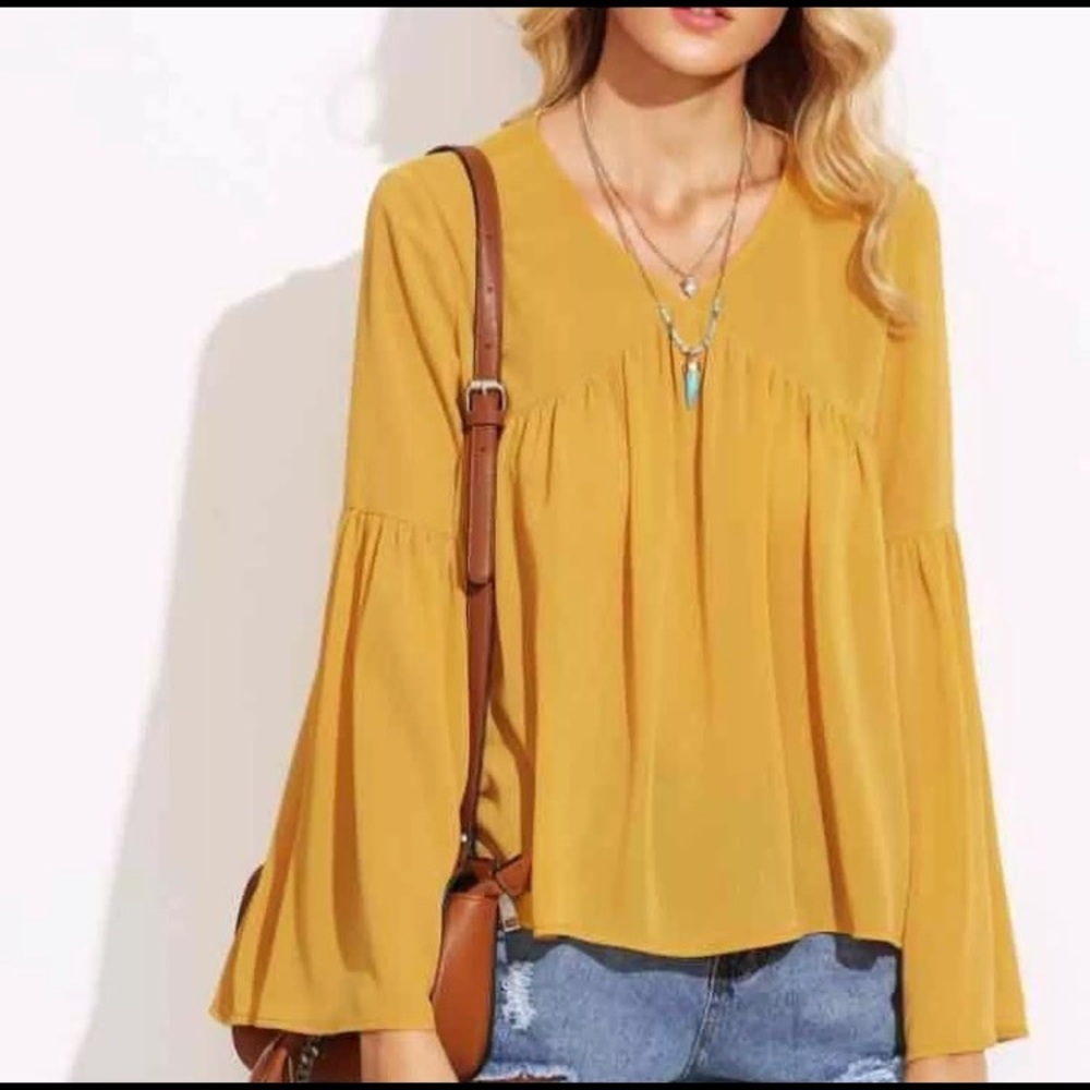 Mustard V Neck High Low Blouse