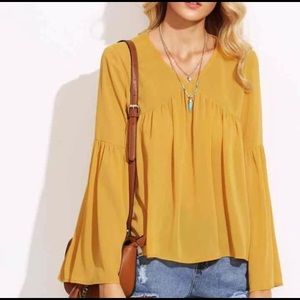 Mustard V Neck High Low Blouse